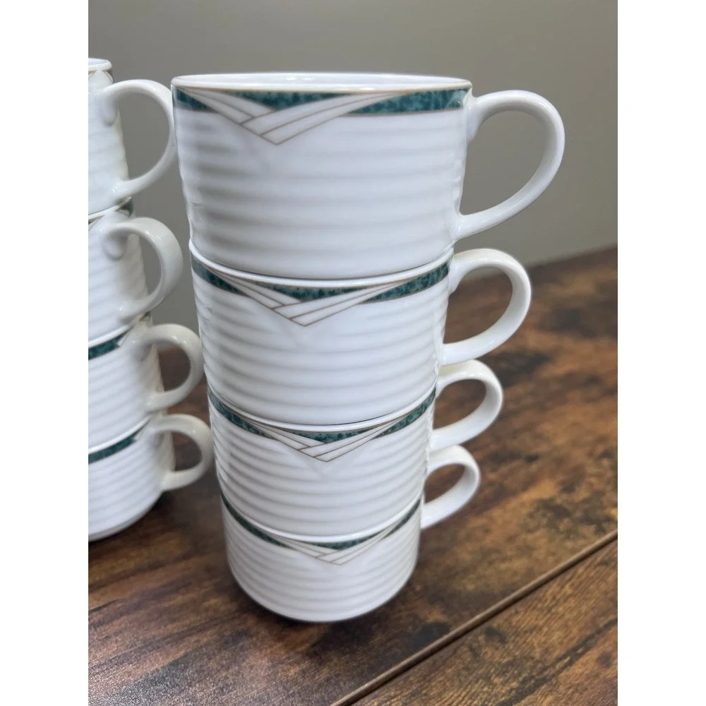 Lot Of 9 Contemporary Noritake Tea Cups Arctic Green Ribbed Very Nice